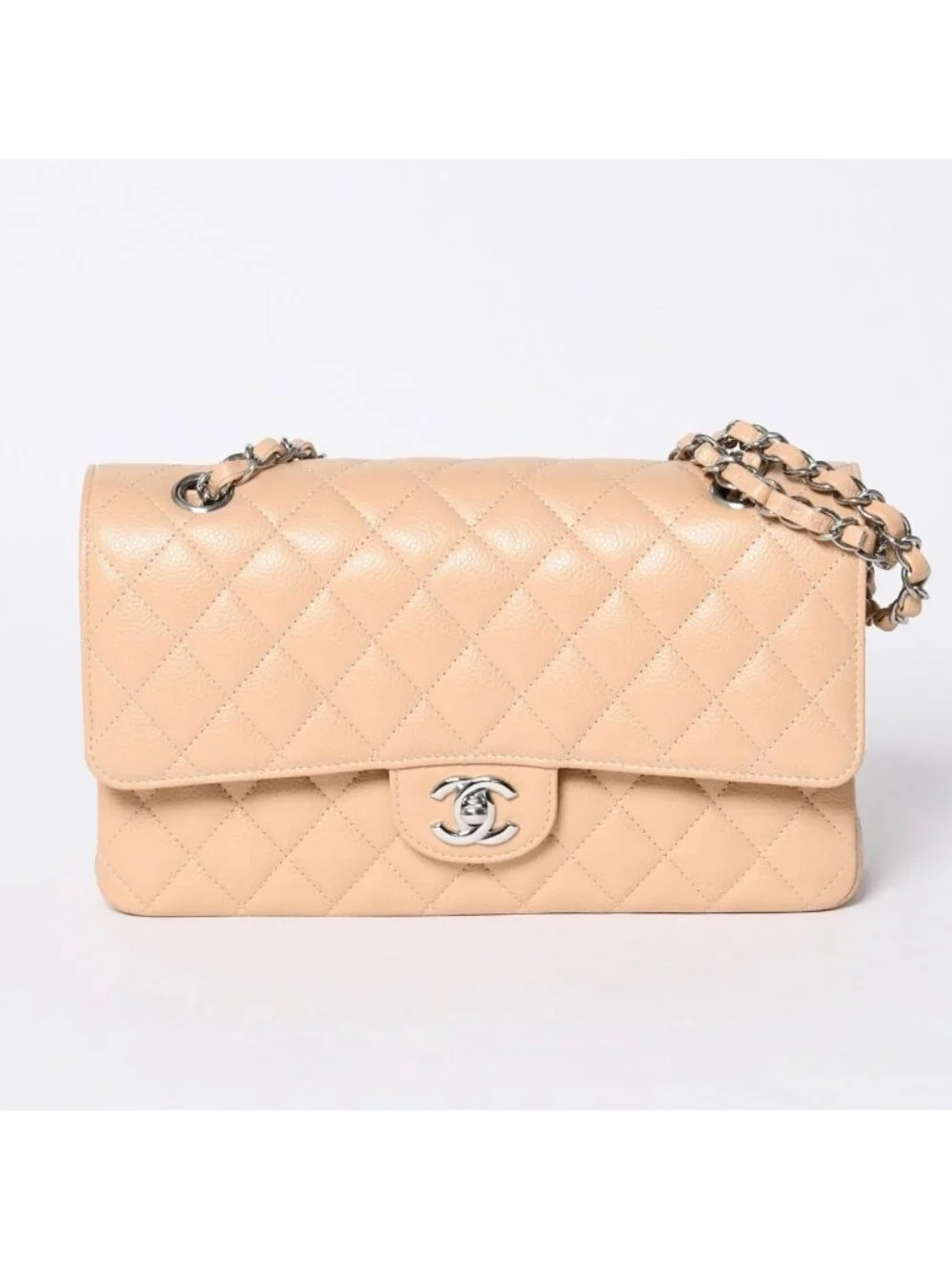 Chanel Quilted 25 Double Flap Chain Shoulder Bag Caviar Leather Beige Gold